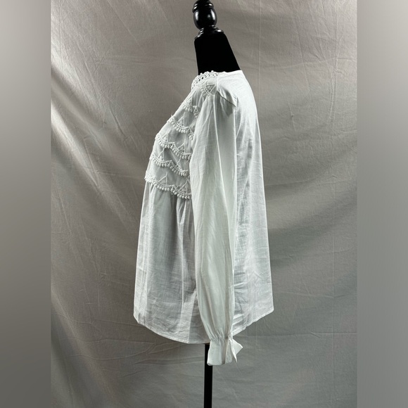 French Guipure Lace Trim Flare Sleeve Peplum Blouse - Picture 7 of 8